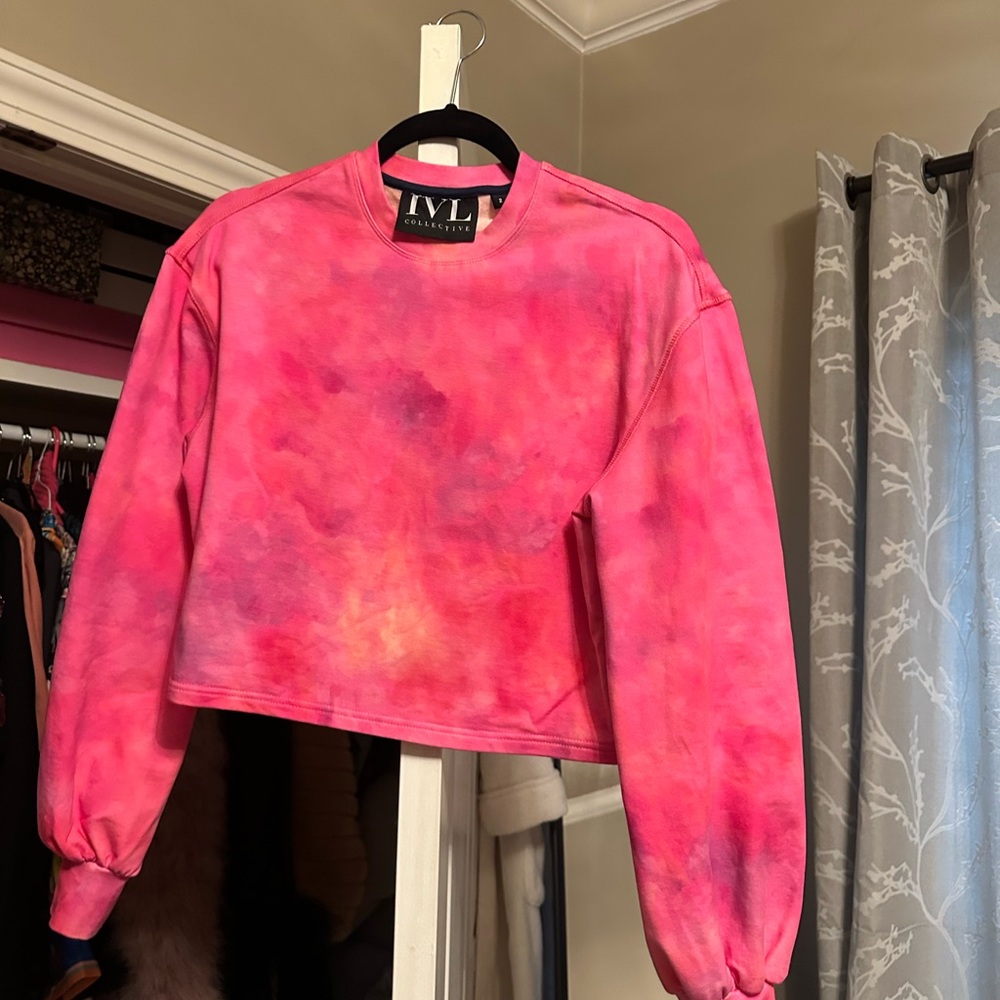 Pink and Red Cropped Long Sleeve Sweatshirt